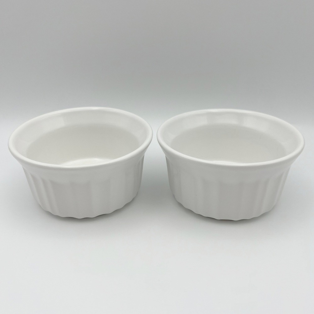 CorningWare French White Ramekins 4oz Stoneware Ribbed Souffle Dishes Set of 2